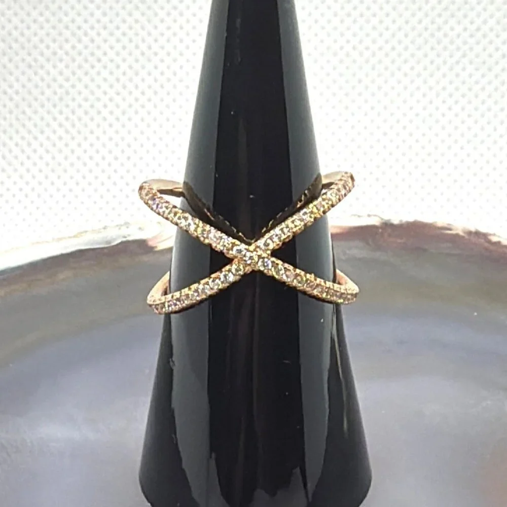 NEW 925 Silver Rose Gold Vermeil Pave CZ Criss Cross Ring Architectural Size 8 - Picture 1 of 16